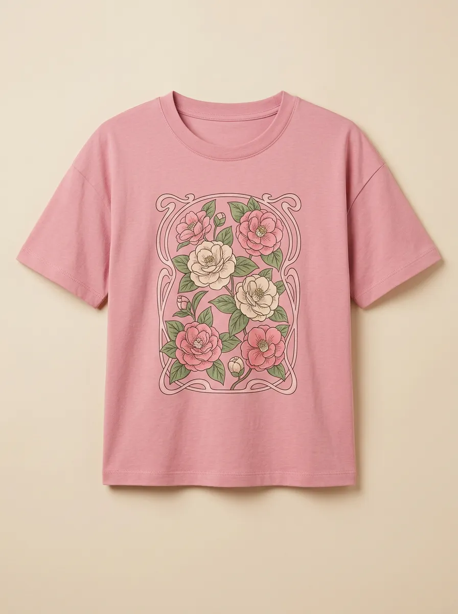 Women's Crew-Neck Graphic Floral Ribbed T-Shirt