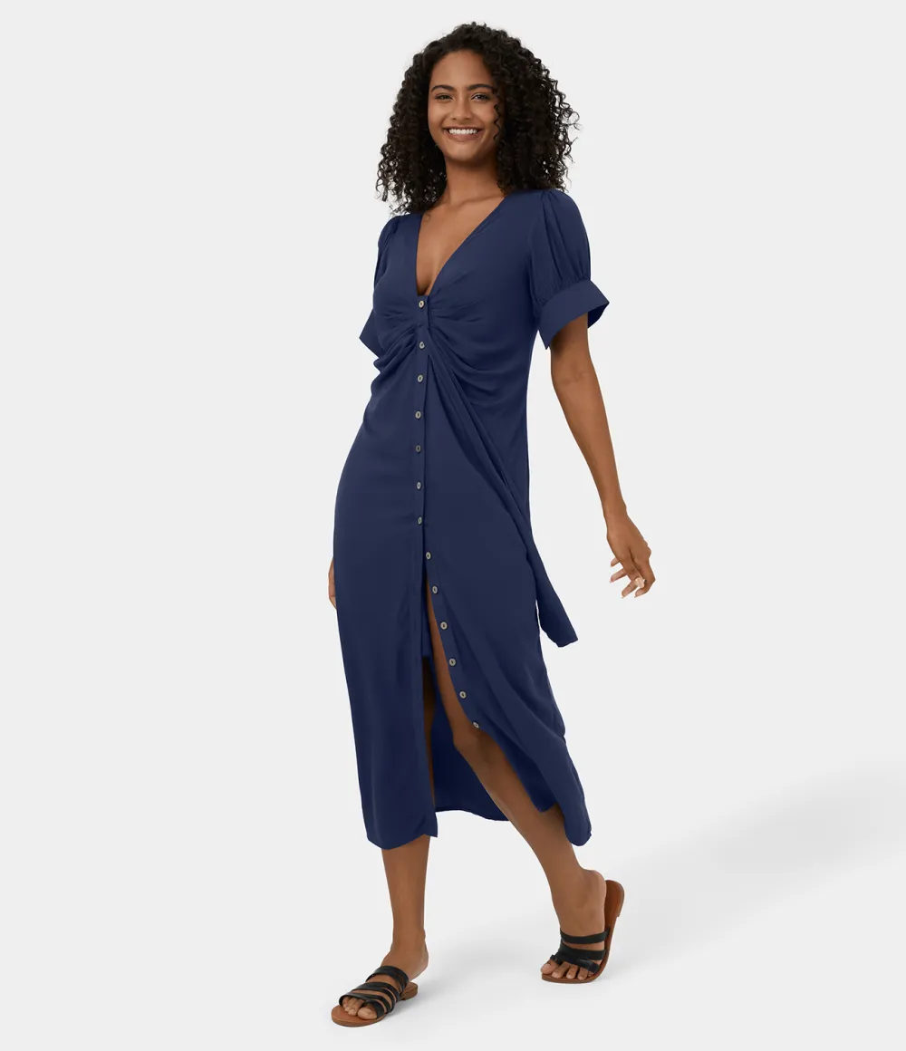 Deep V Neck Bishop Sleeve Button Tie Front Ruched Midi Casual Dress