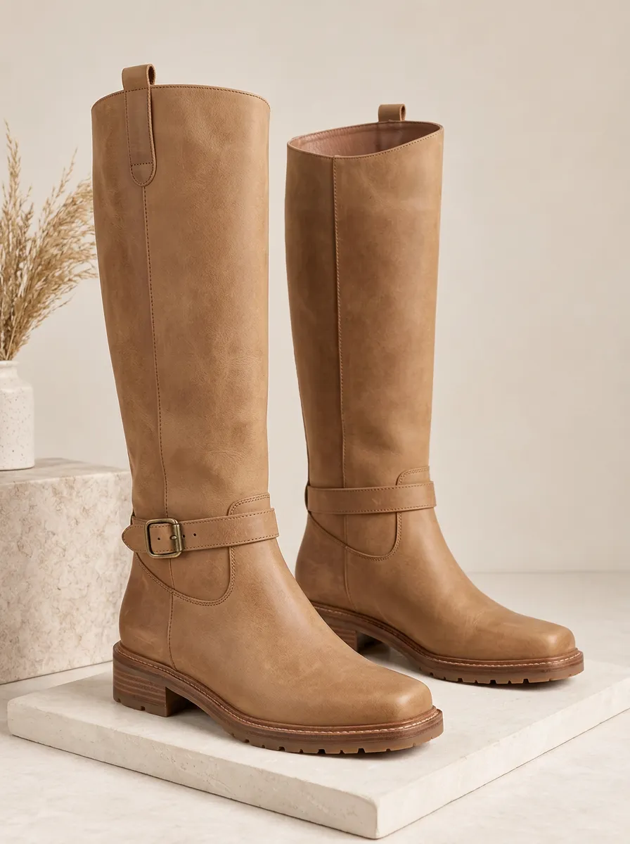 Women's Buckle Strap Leather Trail Ready Knee High Boots