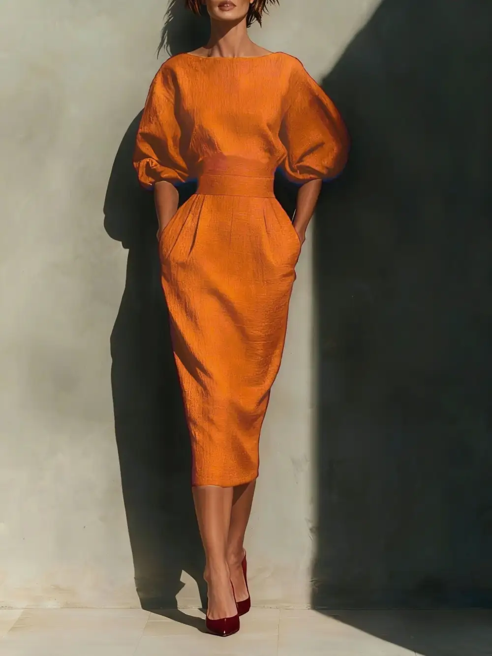 Round Neck Puff Sleeve Midi Dress