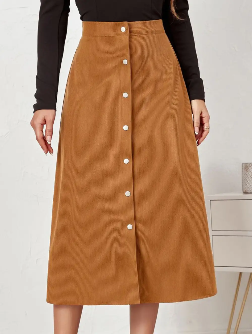 Corduroy Button Front Midi Skirt