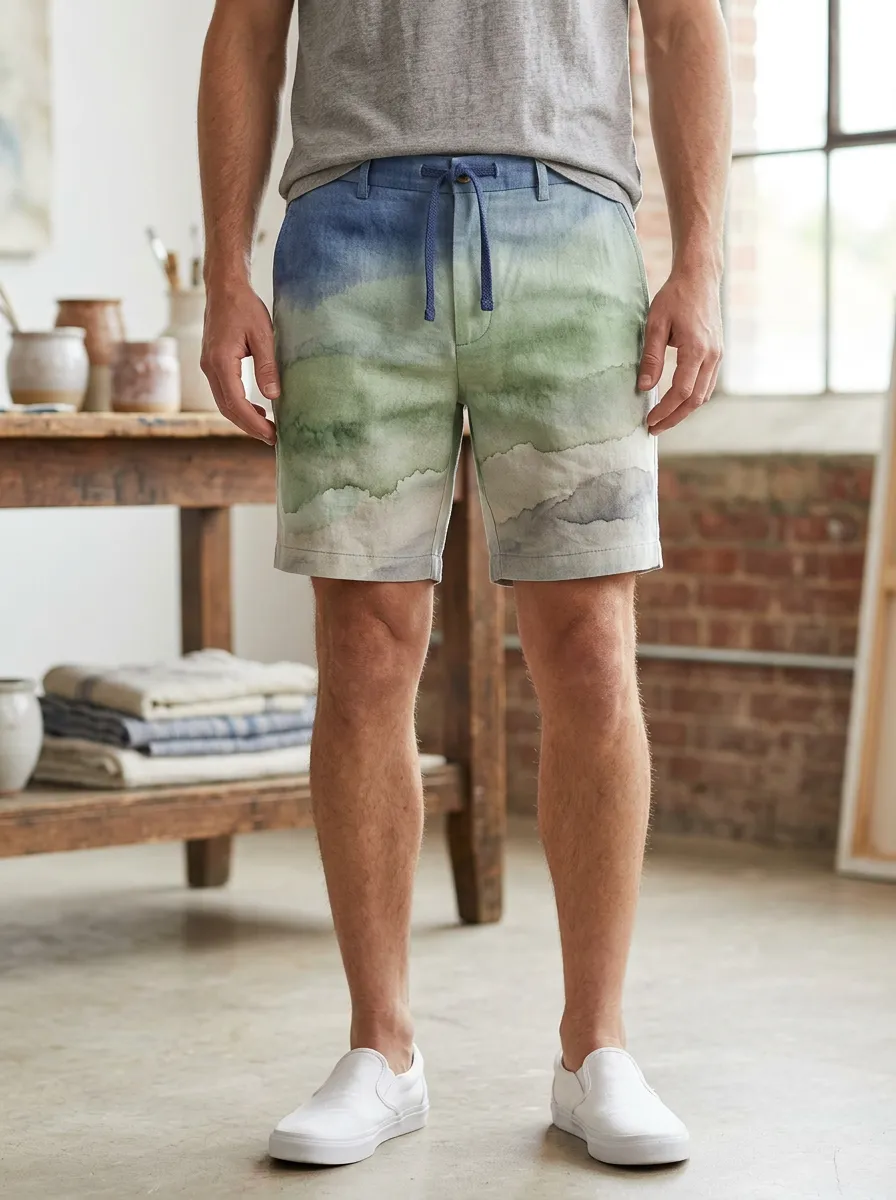 Men's Watercolor Landscape Drawstring Shorts