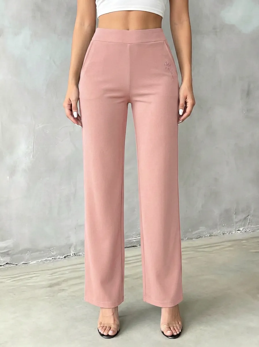 Women's Contemporary Comfort Floral Embroidered Mid Rise Straight Leg Pants