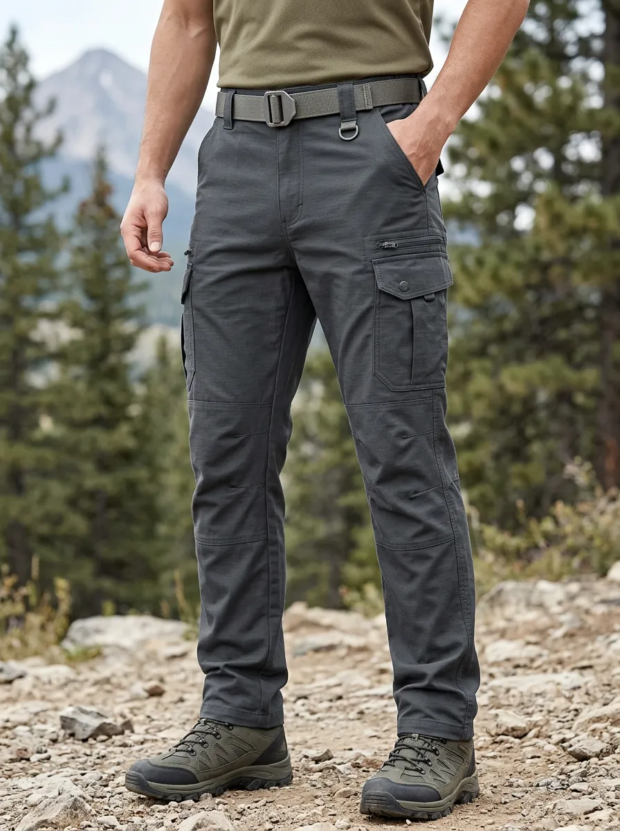 Men's Charcoal Grey Multi-Pocket Tactical Cargo Cargo Pants