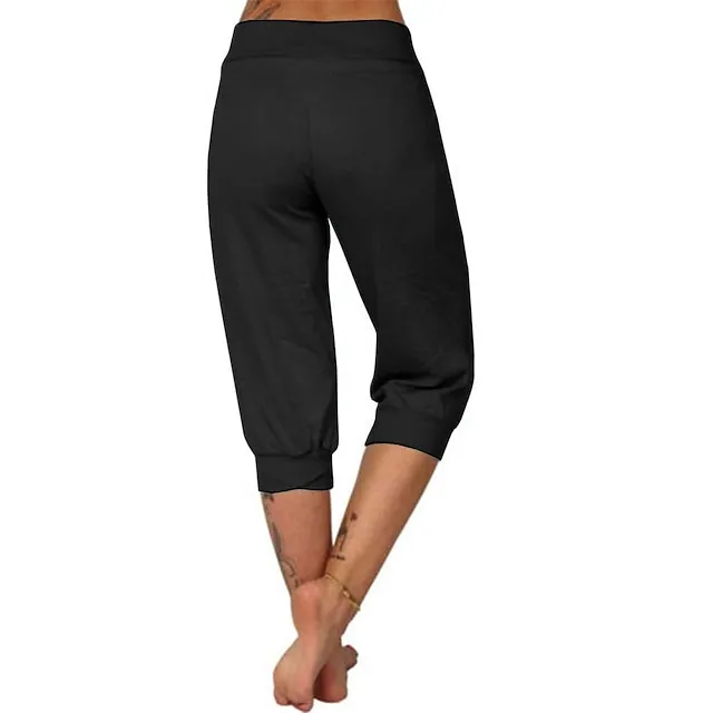 Women's Yoga Pants Drawstring with Pockets Cropped Tummy Control High Waist Yoga Fitness Gym Workout Capri Pants Bottoms Dark Grey Navy Apricot Spandex Sports Activewear High Elasticity Loose Fit
