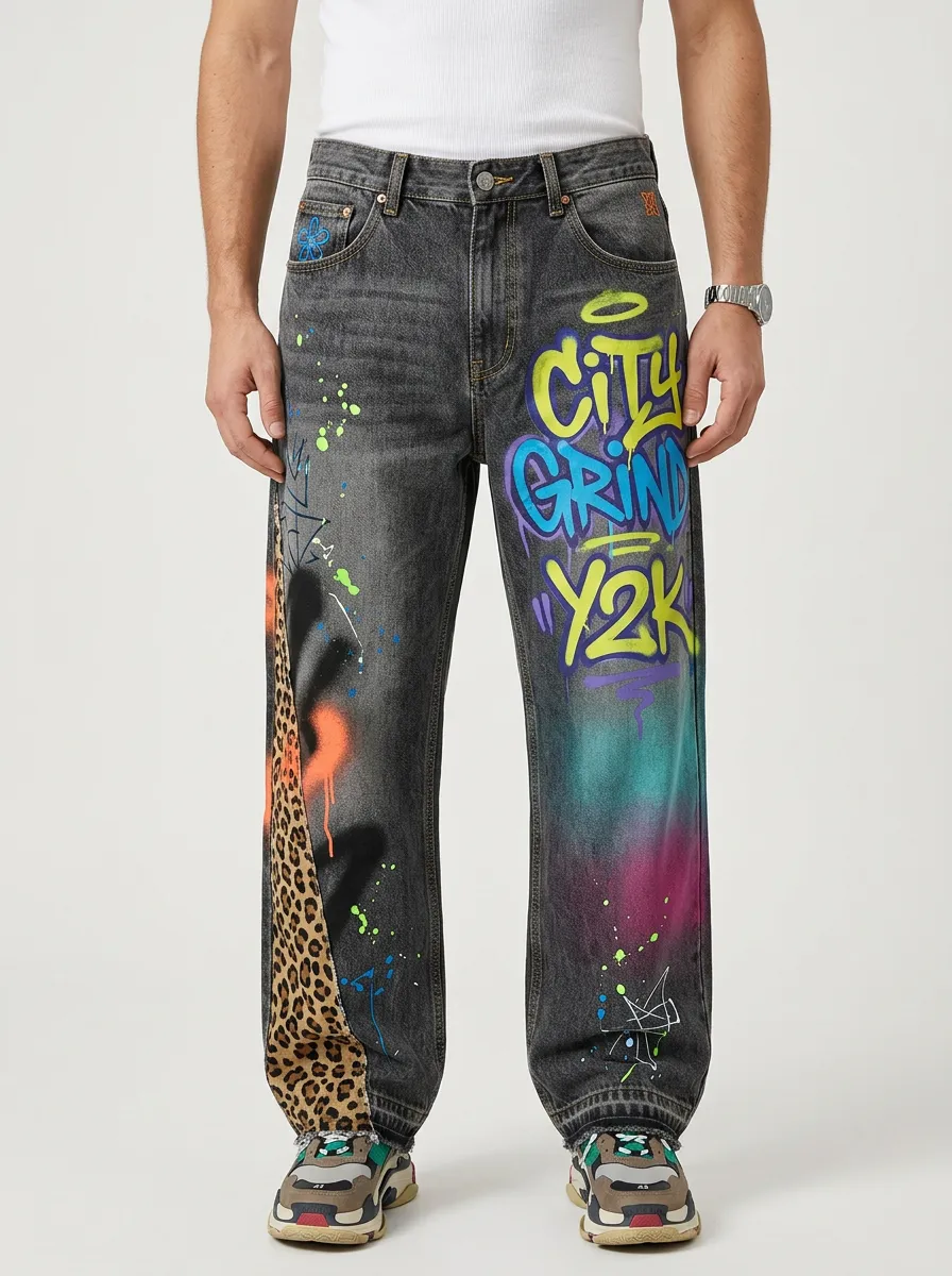 Men's Streetwear Y2K Graffiti Leopard Printed Jeans