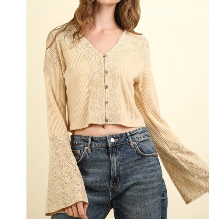 Classic V Neck Lace Detail Button Down Crop Ribbed Knit Top