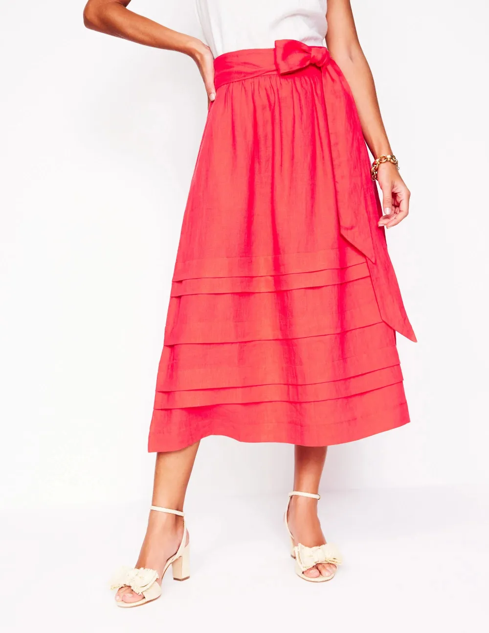 Pintuck Linen Midi Skirt