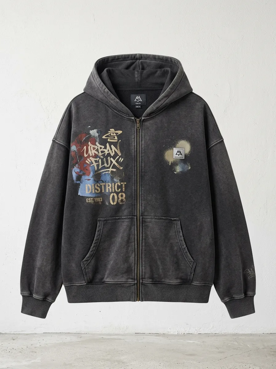 Unisex Streetwear Urban Flux Graffiti Printed Zip-up Hoodie