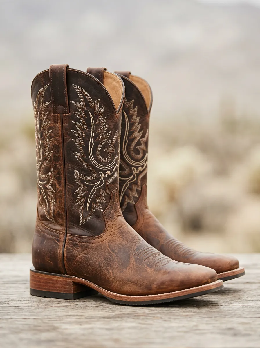Open-Range Embroidered Distressed Leather-Look Look Men's Western Cowboy Boots