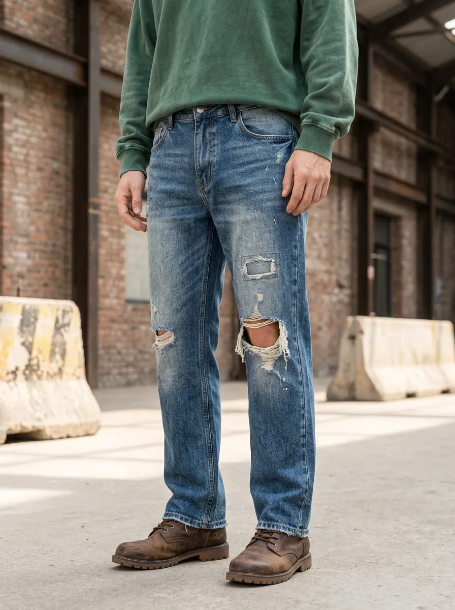 Men's Streetwear Distressed Ripped Patchwork Denim Jeans