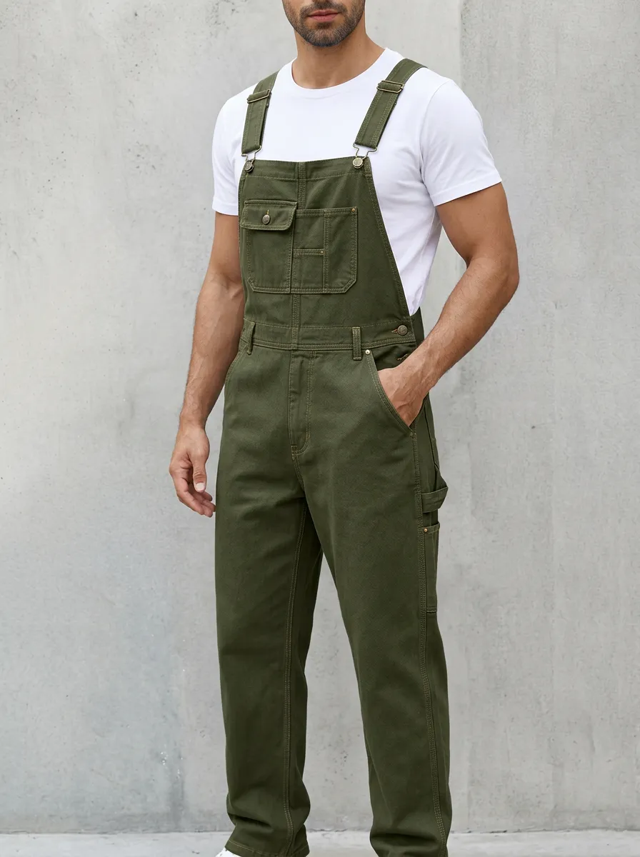 Men's Olive Green Utility Multi-Pocket Denim Overalls
