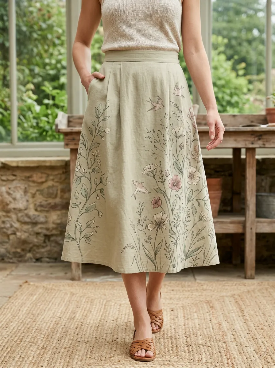 Women's Nature Lover Floral Bird Printed Midi Skirt