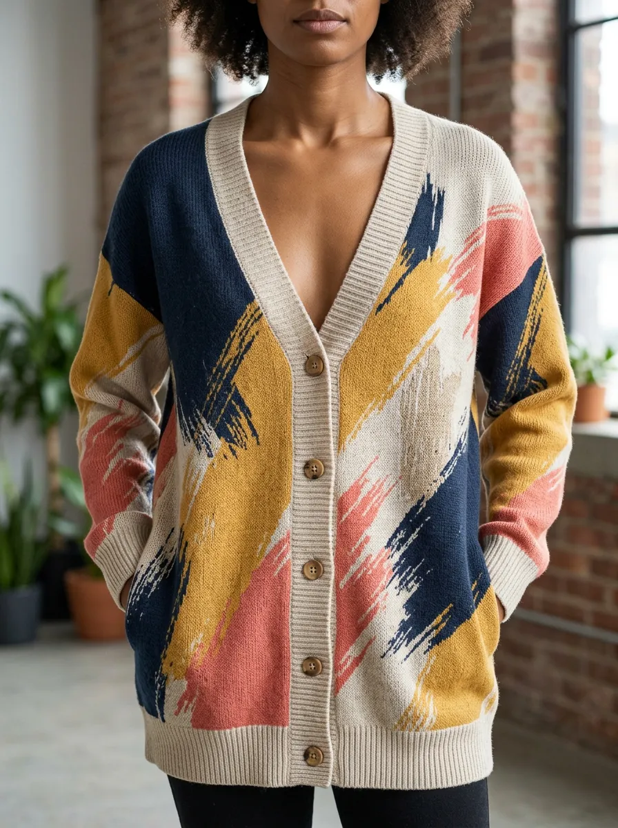 Women's Abstract Brushstroke Pattern Printed Long Sleeve Seasonal Layering Cardigan