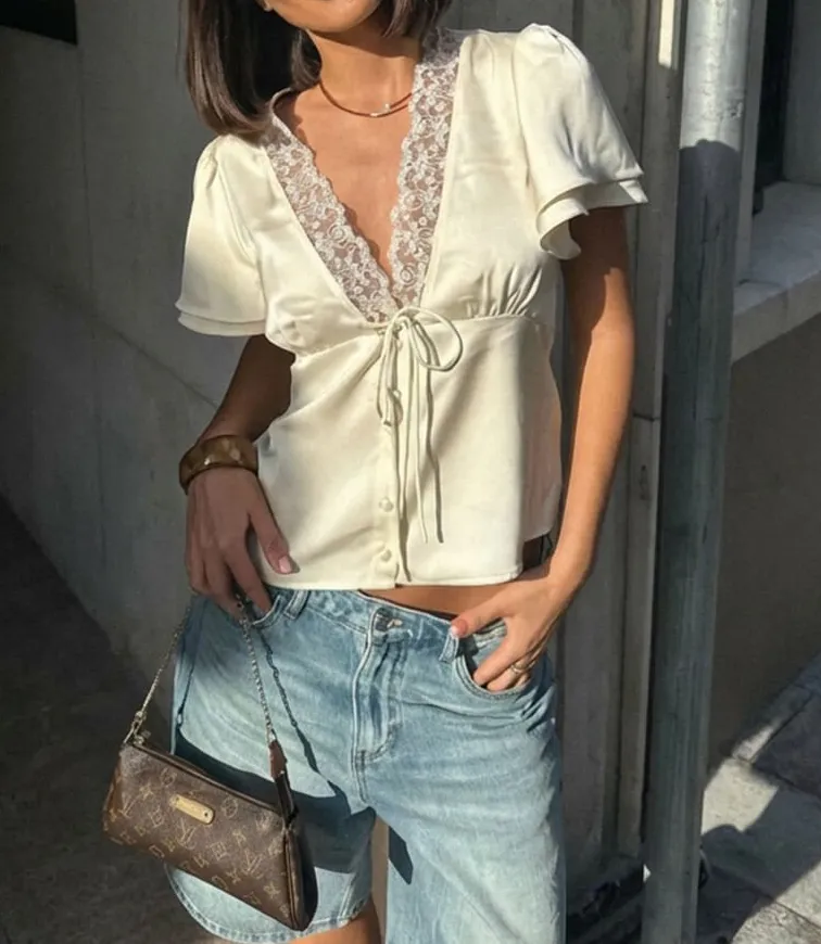 Lace Short-Sleeve V-Neck Top