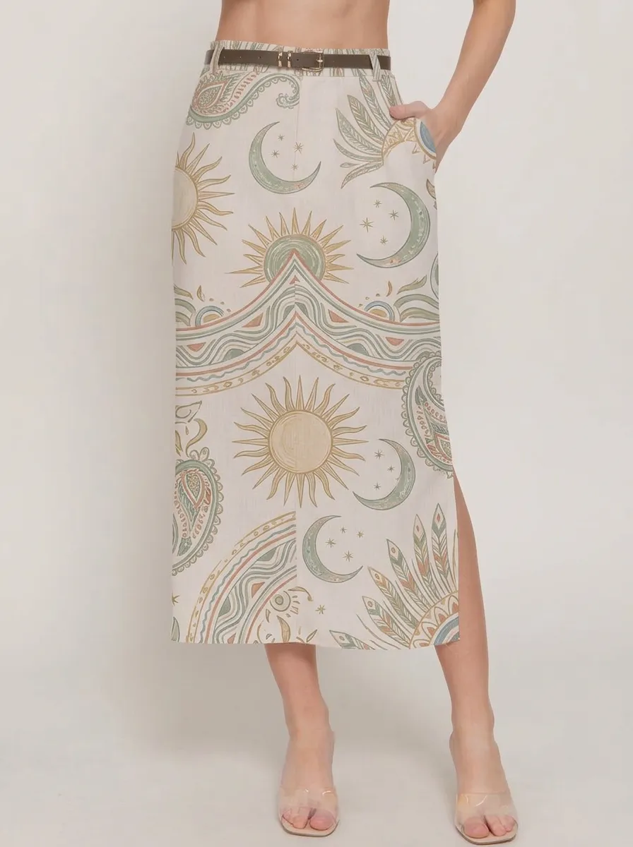 Women's Boho Celestial Sun Moon Paisley Boho Graphic Midi Skirt