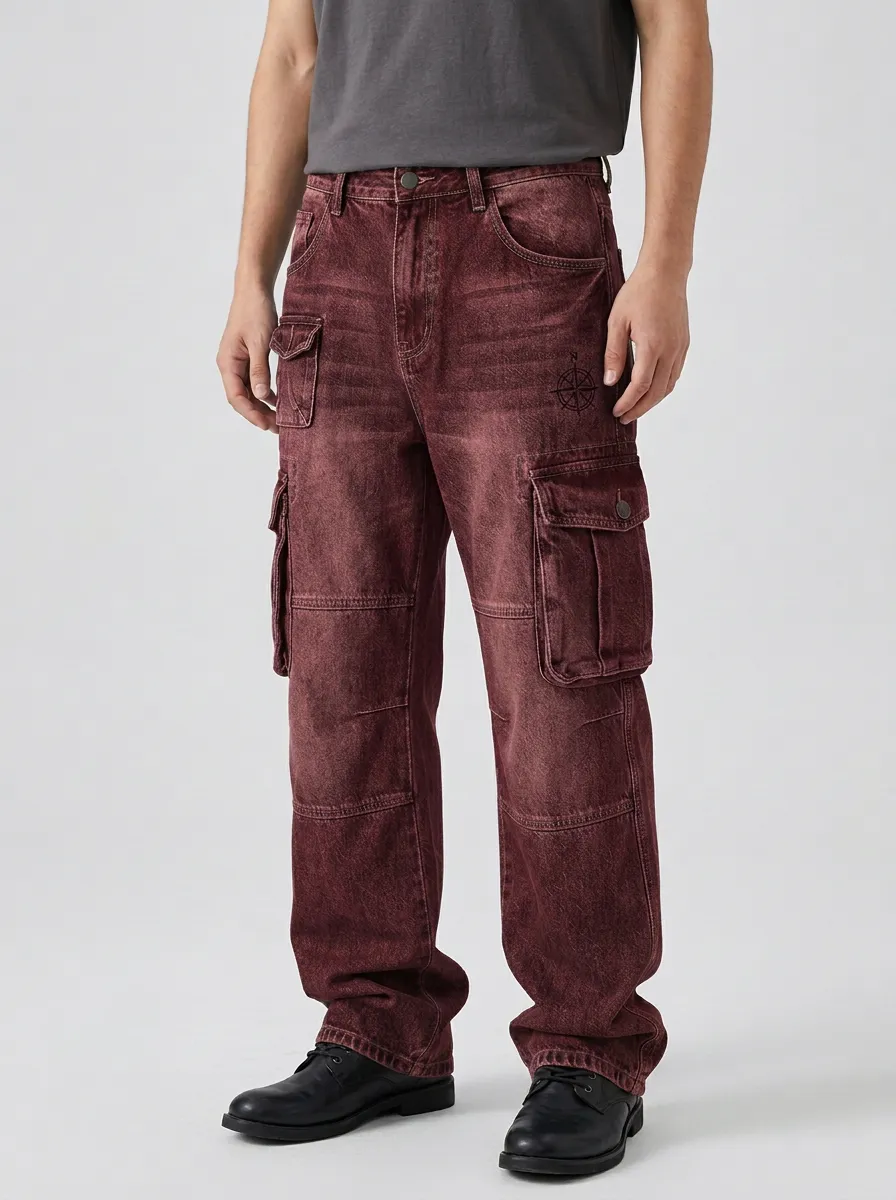 Men's Vintage Compass Print Washed Cargo Pants