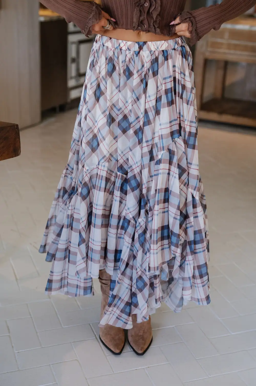Refined Plaid Mid Rise Maxi Skirt