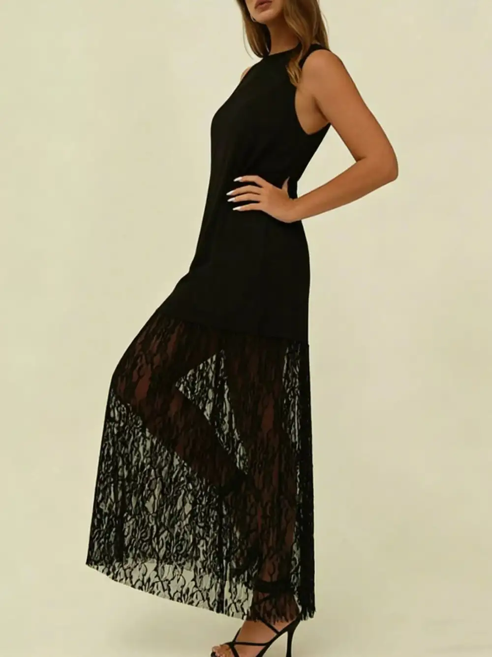 Plus Size Sleeveless Lace Trim Maxi Dress