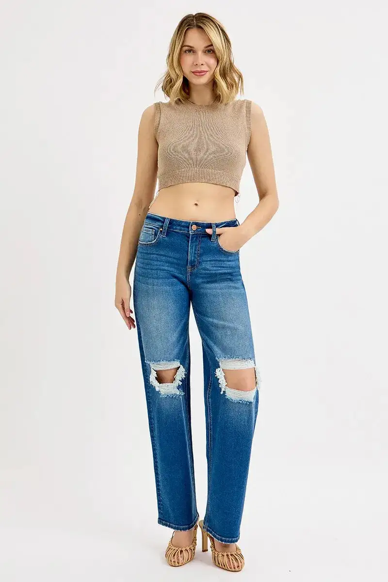 Mid Rise Distressed Denim Jeans