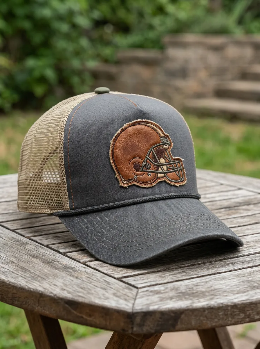 Men's Football Fan Leather Helmet Patch Mesh Trucker Hat