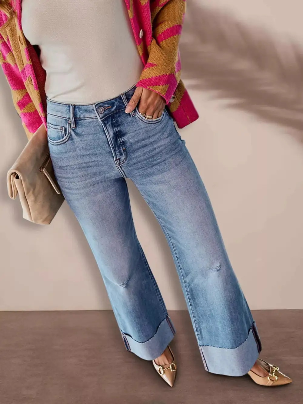 Distressed High-Waisted Flare Jeans Stretchy Denim Pants