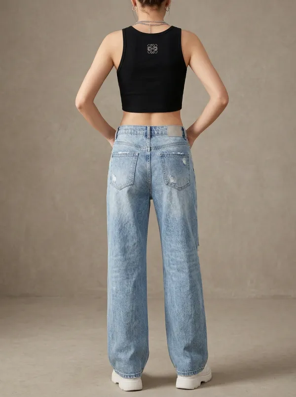 Women's Casual Streetwear Distressed Ripped Wide Leg Denim Jeans