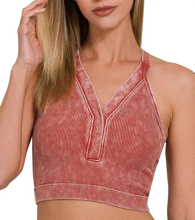 Tailored V-Neck Buttoned Slim Ribbed Tank Top