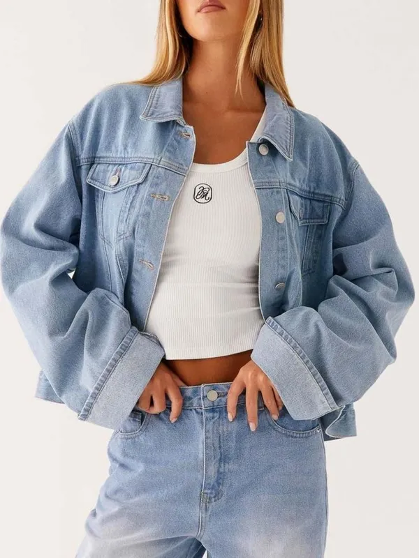 Button-Down Cropped Oversized Denim Jacket