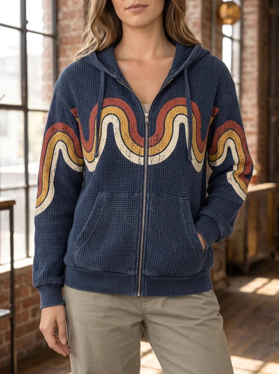 Women's Retro Wave Pattern Signature Pattern Waffle Zip-Up Hoodie