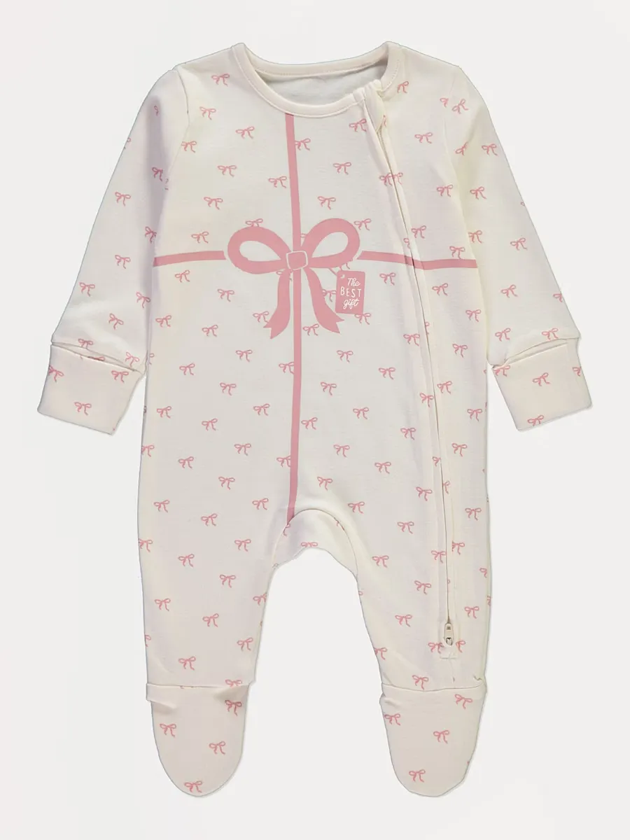 Christmas Bow The Best Gift Zip Fasten Sleepsuit