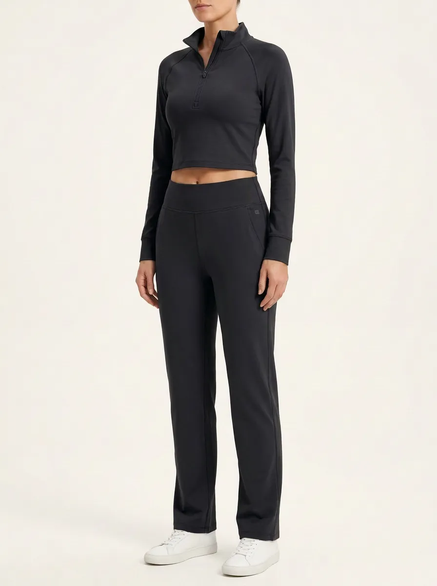 Women's Mock-Neck Quarter-Zip Crop Top and Straight-Leg Trouser Set