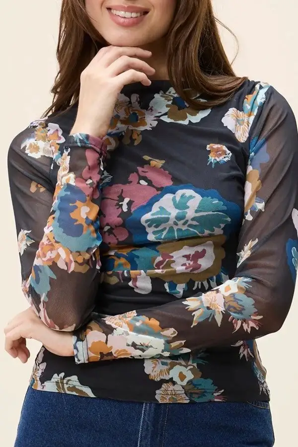Women's Multicolor Floral Print Mesh Long Sleeve