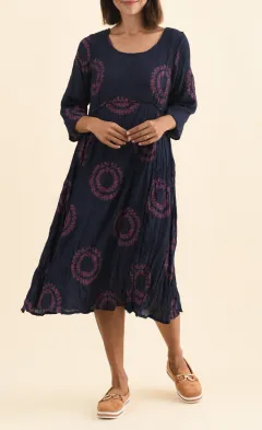 Below-Knee Abstract Cotton Blend Pocket V-Neck Long-Sleeve A-Line Dress