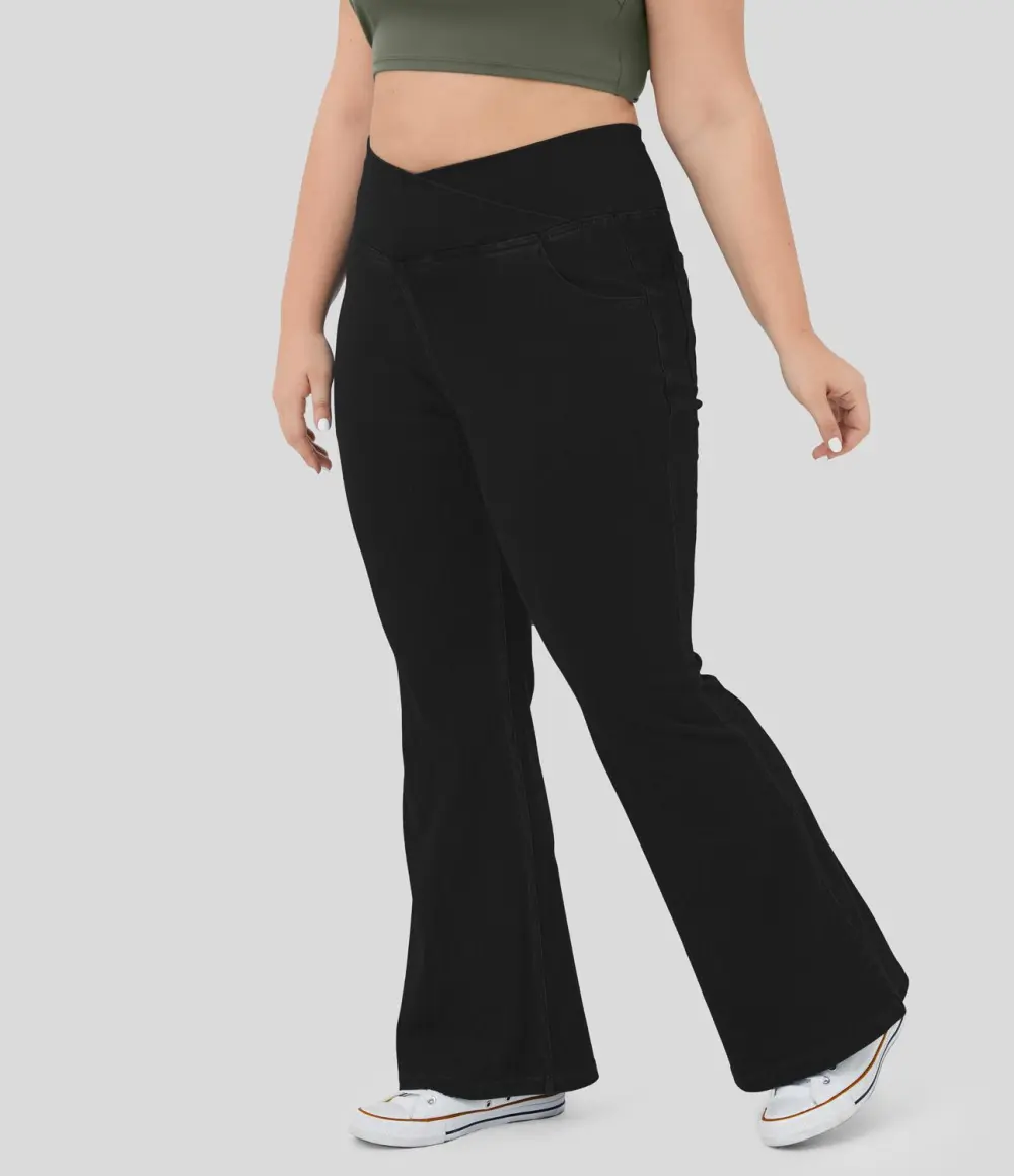 Magic High Waisted Crossover Pocket Cool Touch Breathable Washed Stretchy Knit Plus Size Casual Super Flare Jeans