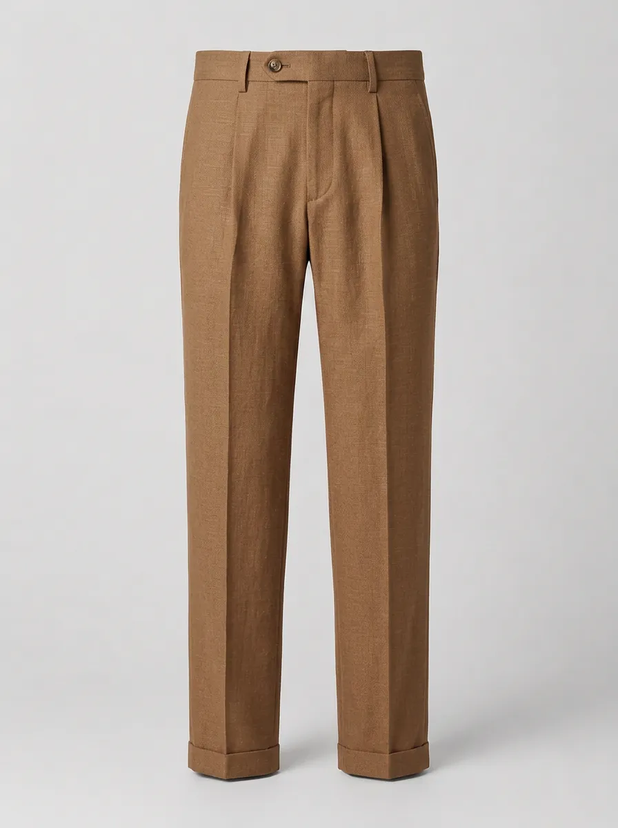 Men's Casual Brown Pleated Linen Trousers