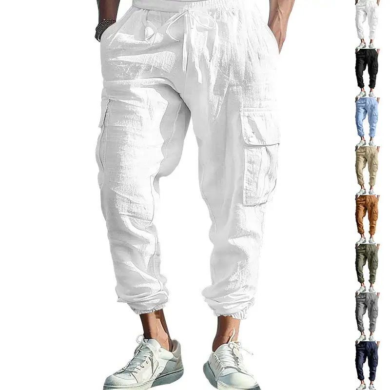 Men's Casual Linen Cargo Waist Pockets Cargo Pants
