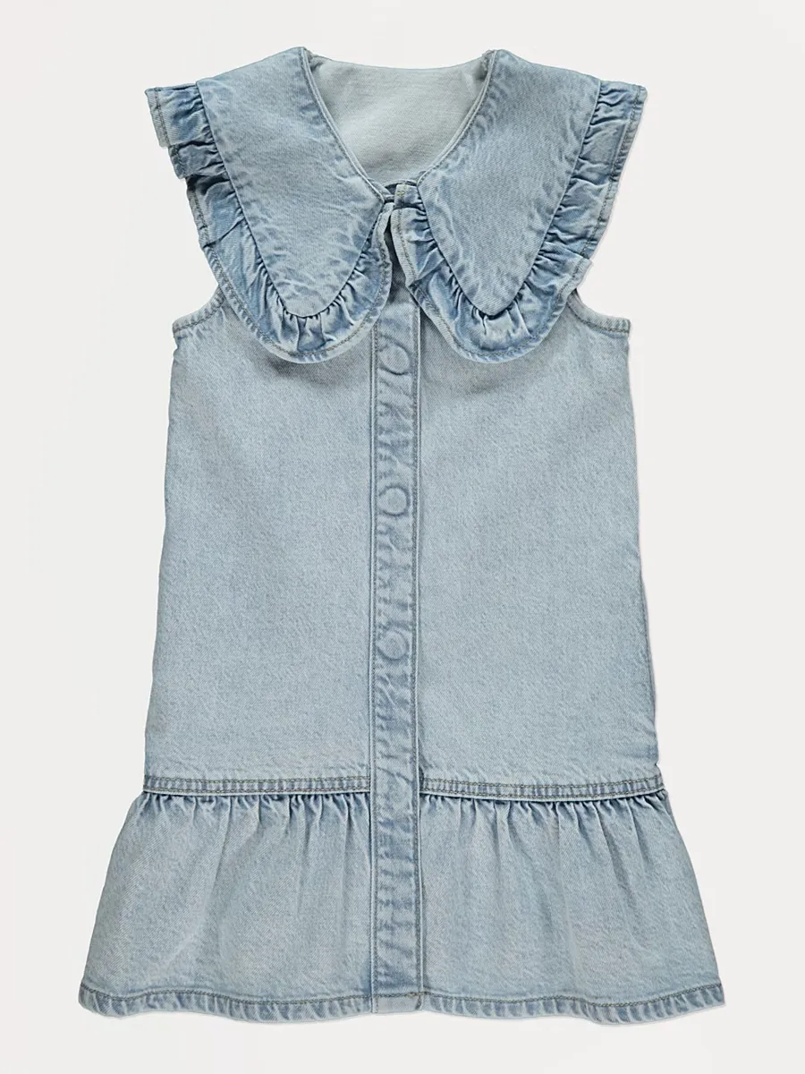 Light Wash Frill Collar Denim Sleeveless Dress