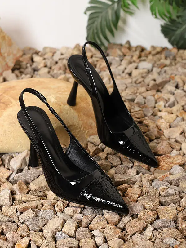 Pointed-Toe Panel Detail Slide Heeled Sandals