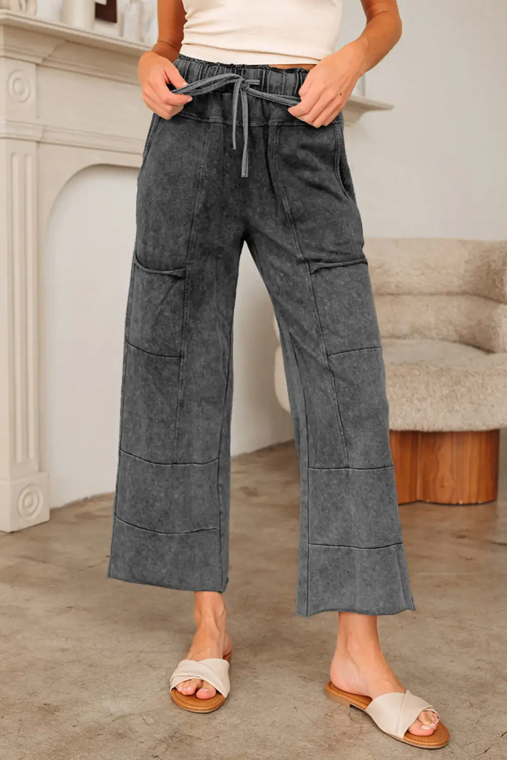 Wash Lace Up High Waist Raw Hem Patched Pocket Trousers