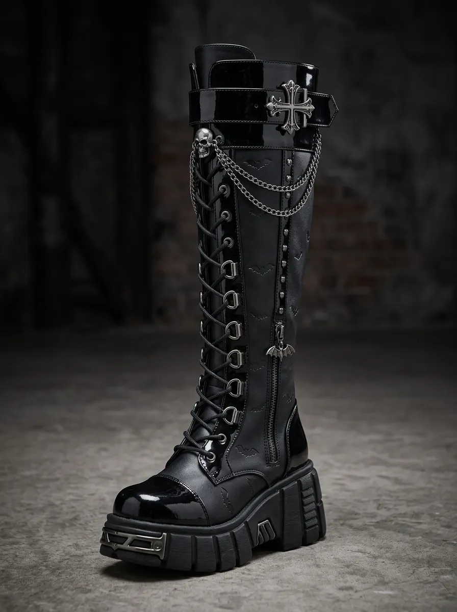 Modern Gothic Skull Bat Cross Finish Women's Gothic Platform Boots