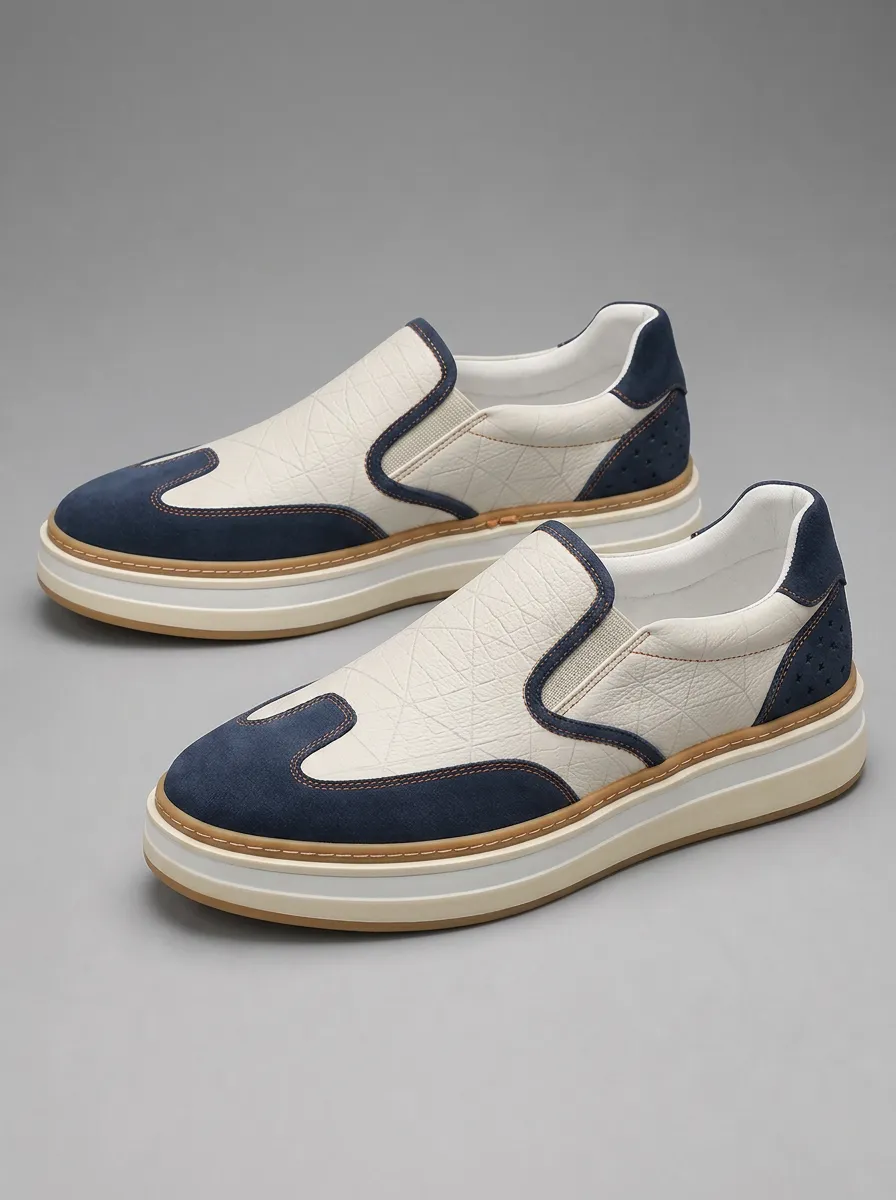 Men's Casual Two-Tone Suede Leather Slip-on Platform Shoes