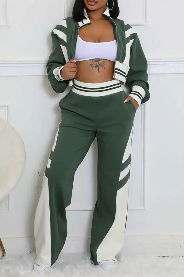 Colorblock High Neck Long Sleeve Pant Set