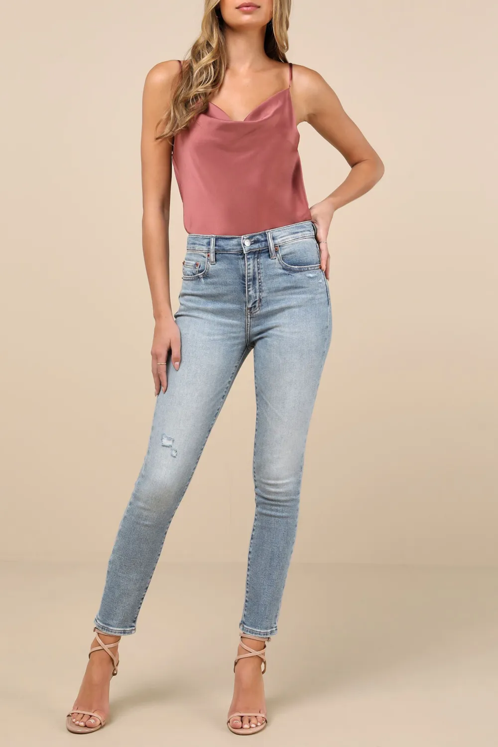 Casual Style  Light Wash Denim High-Rise Distressed Skinny Jeans