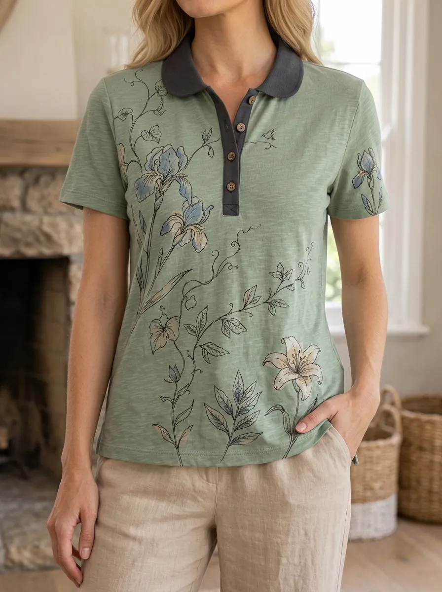 Women's Botanical Floral Art Printed Polo Shirt