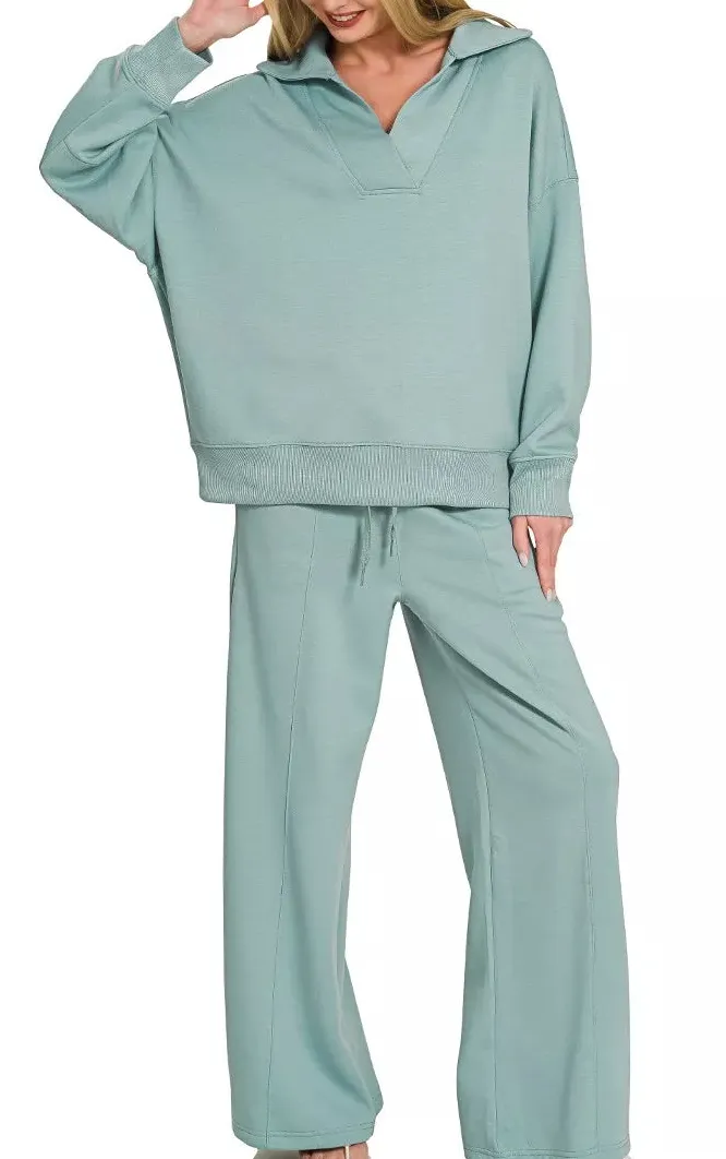 Scuba Collared Pullover & Center Seam Pants Set