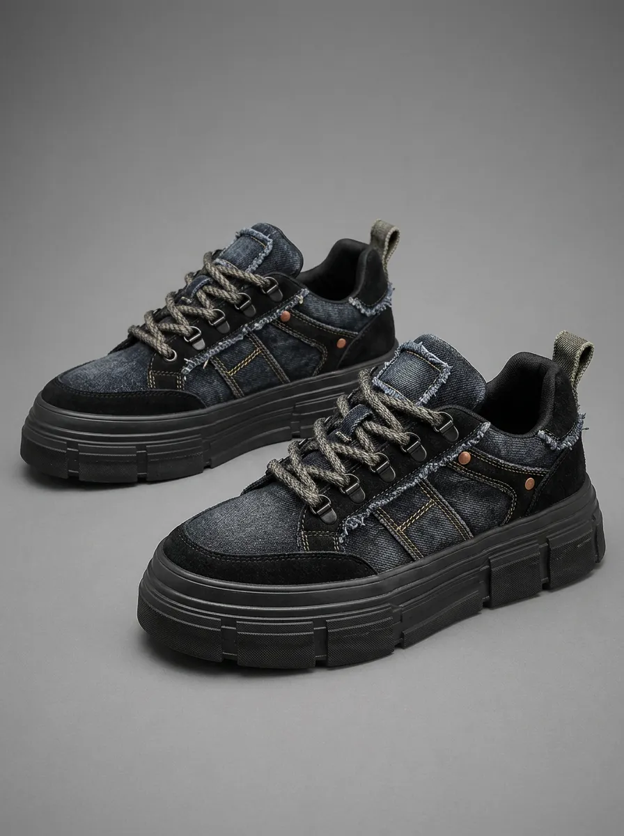 Men's Casual Denim Patchwork Chunky Sole Printed Shoes