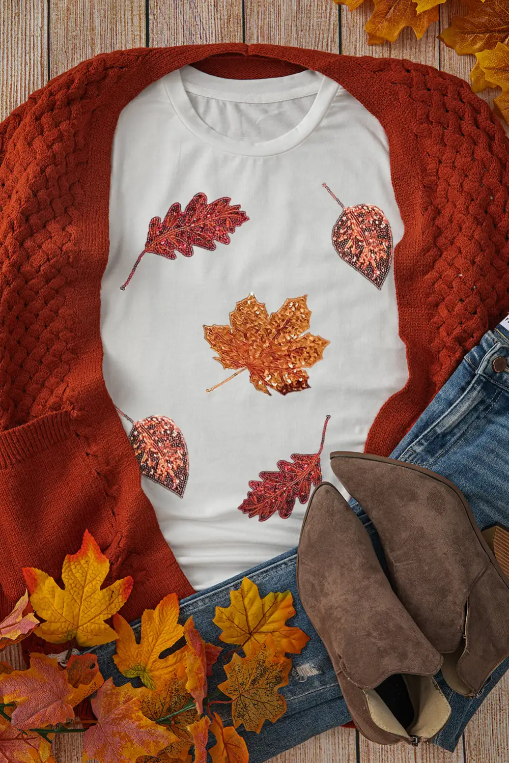 White Halloween Sequined Leaves Graphic