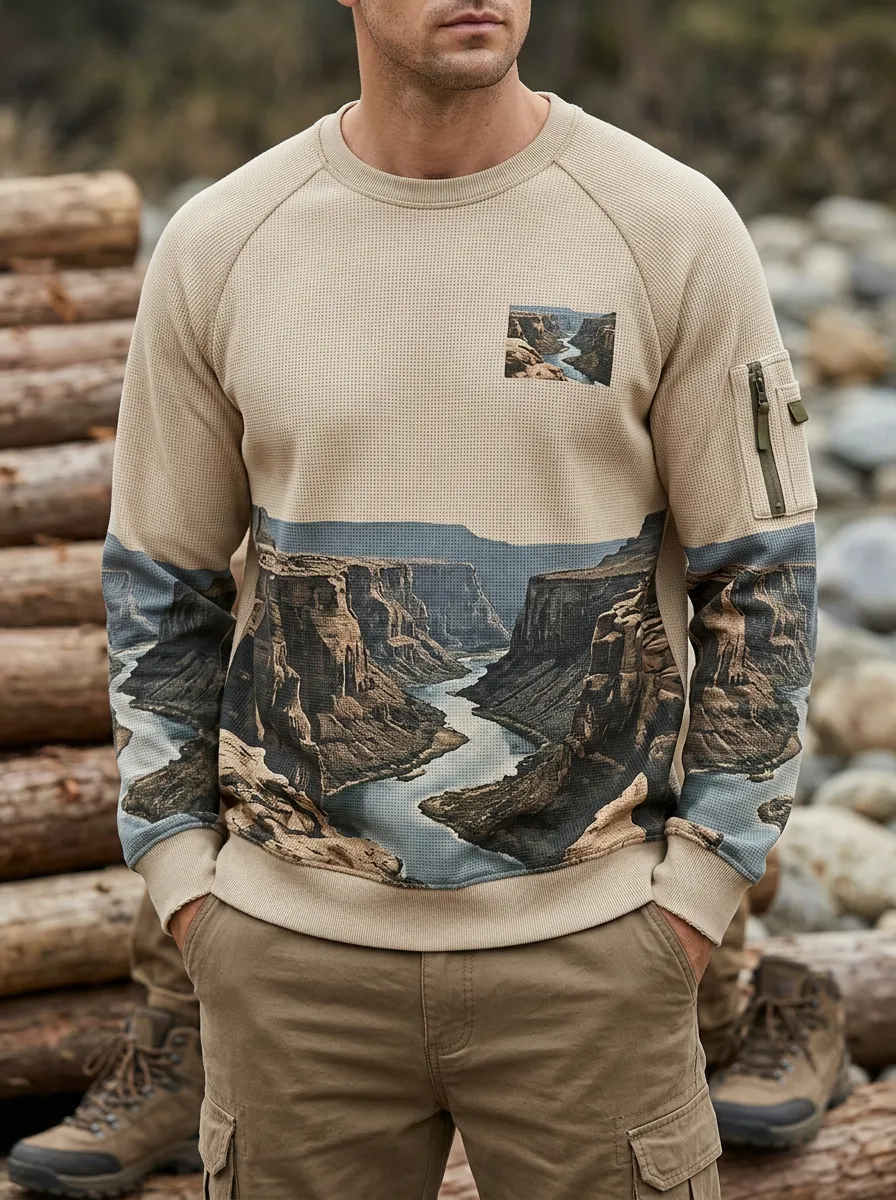 Men's Grand Canyon Landscape Printed Waffle Knit Crewneck Sweatshirt