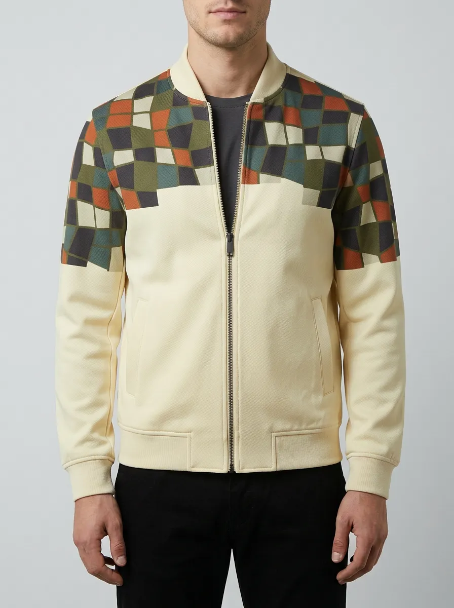 Geometric Print Ribbed Trim Sleeve Detail Bomber Jacket